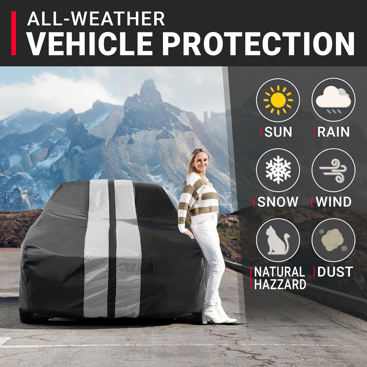iCarCover Custom Car Cover for Pontiac Catalina Safari Wagon (1959-1981) Waterproof All-Weather Rain Snow UV Sun Protector Full Exterior Indoor Outdoor Car Cover (Stripe - Black/Gray)