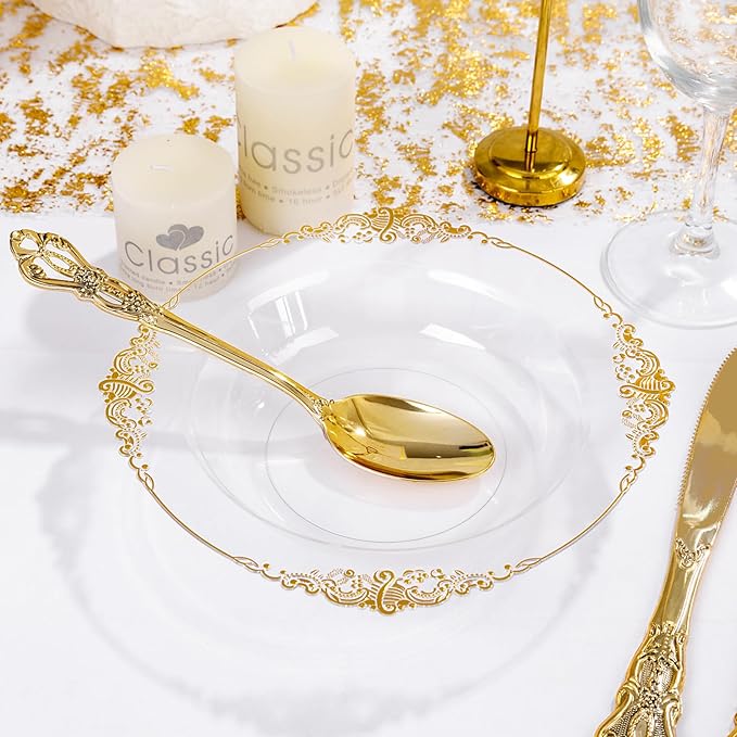 100PCS Clear Gold Plastic Bowls - 12 oz Clear Disposable Salad Bowls - Heavy Duty Disposable Soup Bowl - Fancy Plastic Ice Cream Bowl for Weddings, Thanksgiving Parties, Dinners, Picnics,