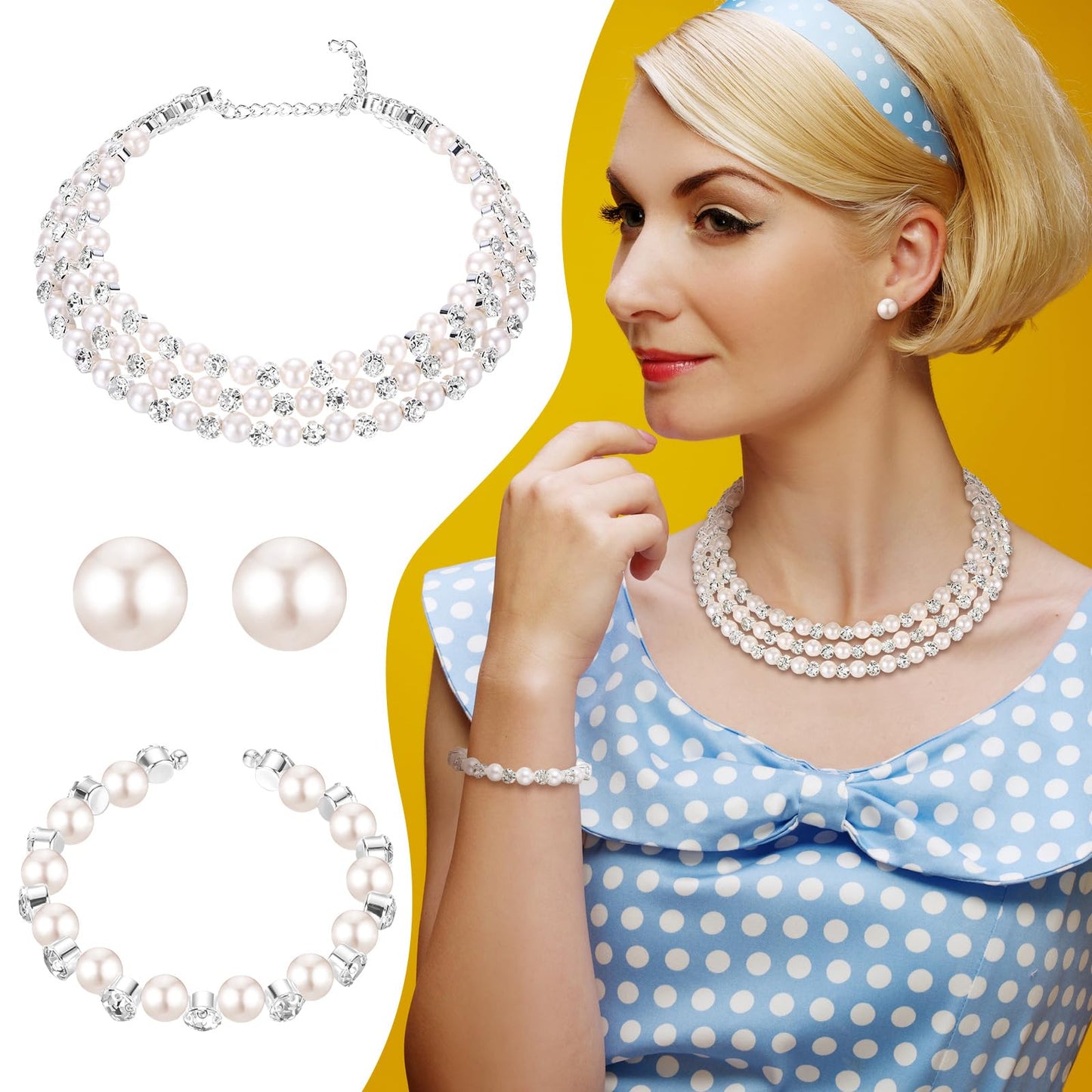 Glenmal Pearl Rhinestone Jewelry Set for Women Pearl Necklace Bracelet Earrings for Wedding Birthday Bridal Shower Tea Party(Exquisite Style)