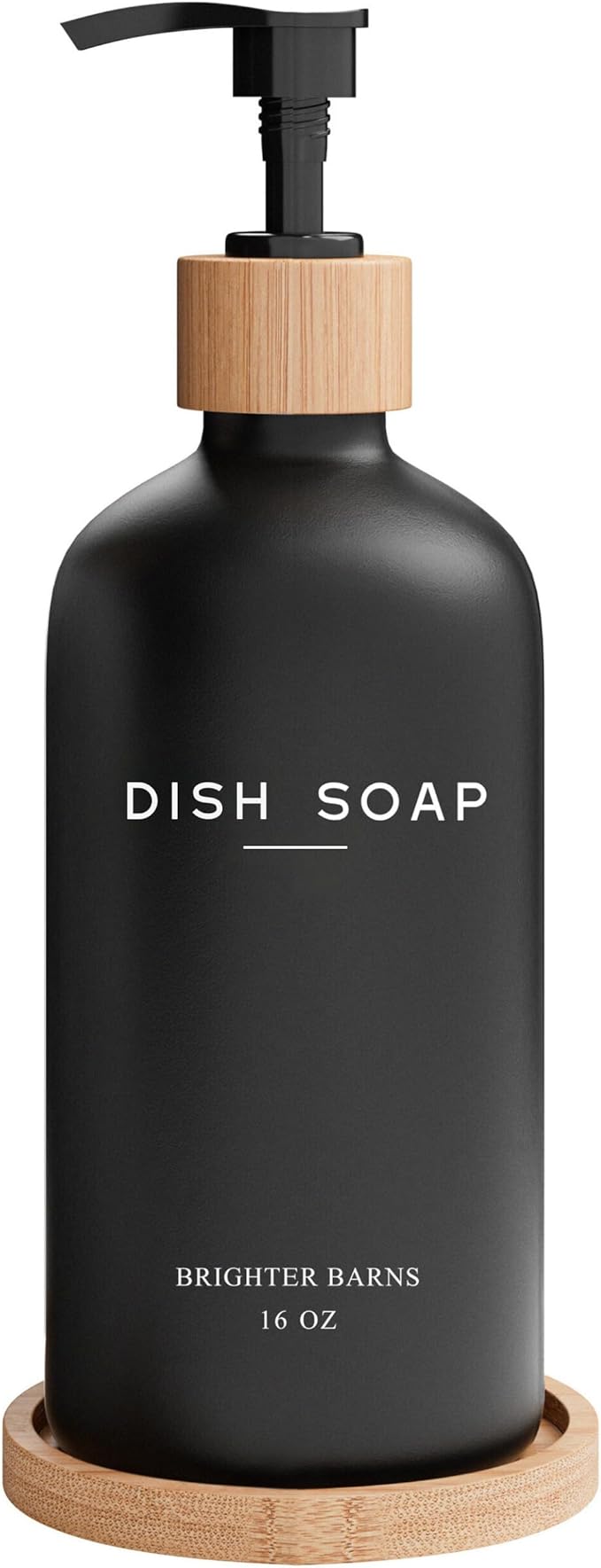 Black Glass Dish Soap Dispenser for Kitchen Sink by Brighter Barns - Modern Kitchen Soap Dispenser Set with Tray - Bamboo Bottle with Pump - Boho Home Decor, Modern Home Decor for Airbnb, Gift (Black)