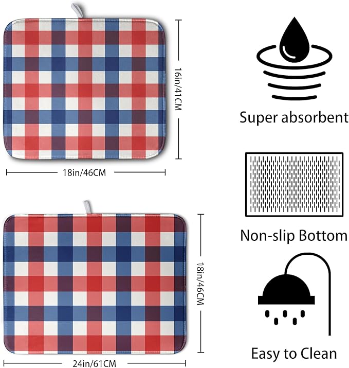 4th of July Dish Drying Mat Patriotic Buffalo Plaid Drying Mats for Kitchen Counter Absorbent Microfiber Dish Drainer Pad Independence Memorial Day Dish Draining Mat 16x18 Inch