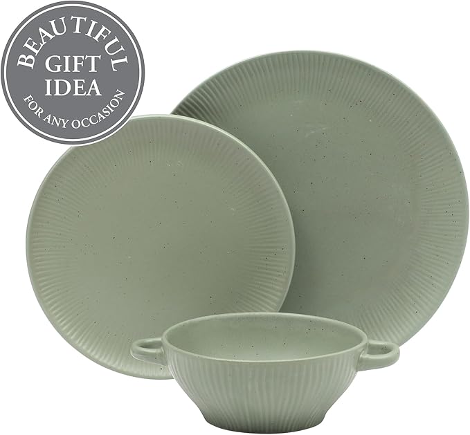 Gibson Elite Clover Hill 12-Piece Stoneware Dinnerware Set – Assorted Colors in Sage Green, Charcoal, Taupe & Cream – Embossed Reactive Glaze Plates & Bowls, Microwave & Dishwasher Safe, Service for 4