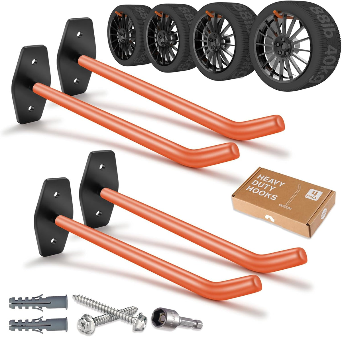 4 PCS Garage Hooks Heavy Duty Wall Mount, Tire Storage System with Anti-Slip Coating, Hang Heavy Tools for up to 88Lbs, for Bikes, Ladders, Chairs and Bulky Tools