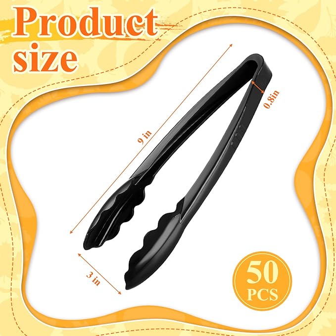 Tessco for you 50 Pcs Plastic Tongs for Serving Bulk, 9 Inch Plastic Disposable Serving Tongs, Heavy Duty Salad Tong for Kitchen, Buffet, BBQ, Events & Catering (Black)