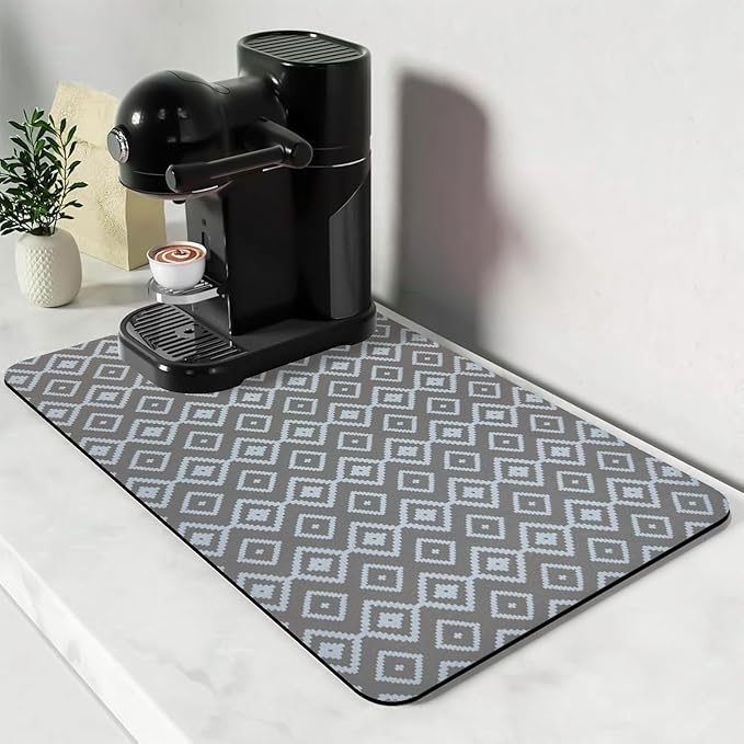 Bloss Dish Drying Mat, 2025 Multiple Usage Coffee Bar Mat, Kitchen Counter Mat, Absorbent Hide Stain Rubber Backed Dish Drying Pad(16.1"x24.1", Gray-White Plaid)