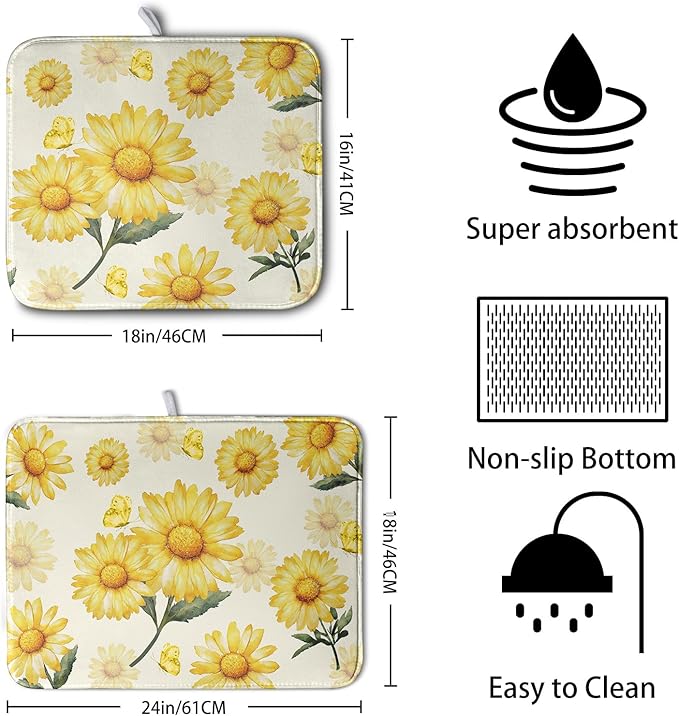 Yellow Sunflower Dish Drying Mat for Kitchen Counter Summer Daisy Floral Dishes Pad Farmhouse Flower Dish Draining Microfiber Absorbent Dish Drainer Rack Mat Large Extra Large 18x24 Inch