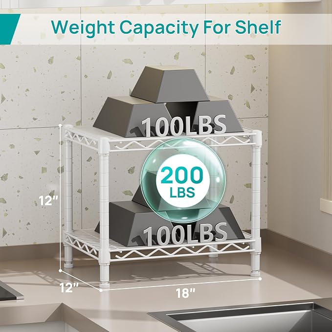 SINGAYE 2 Small Shelves Kitchen Storage Shelf Wire Shelving Unit Metal Shelf Adjustable Organizers Storage Shelving for Office Pantry White 12" D X 18" W X 12" H