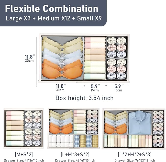 DIMJ Drawer Organizer Clothes 24 Pack - Foldable Baby Organizers and Storage & Dresser Organizer for Bedroom, Closet - Nursery Organization Dresser Dividers for underwear, Sock,Bra, Belt, Tie, Gray