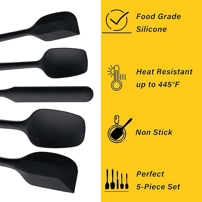 Silicone Spatula Set, 5 Piece Food Grade Rubber Spatulas for Baking, Cooking, and Mixing High Heat Resistant Non Stick Dishwasher Safe BPA-Free (Black)
