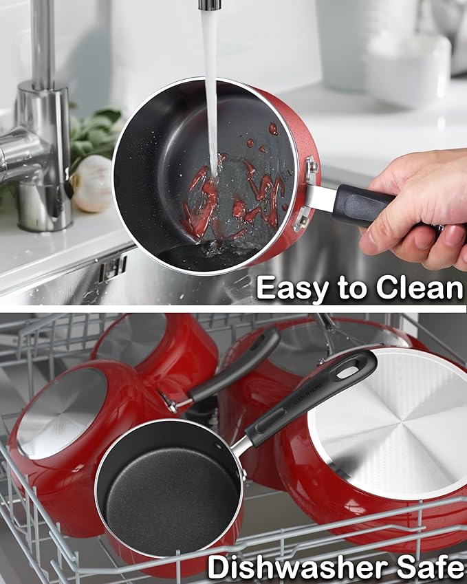 Cook N Home Non Stick Sauce Pan, 2 Quarts Saucepan with Glass Lid, Nonstick Small Multi-purpose Pot, Milk Chocolate Aluminum Cooking Pot Pan with Stay-Cool Handle, Marble Red