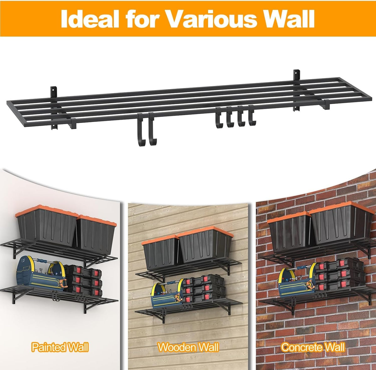 2-Pack 1×4ft Steel Wall Mounted Garage Shelves with Hooks, 300LB Each Heavy Duty Shelving for Garage Storage & Organization