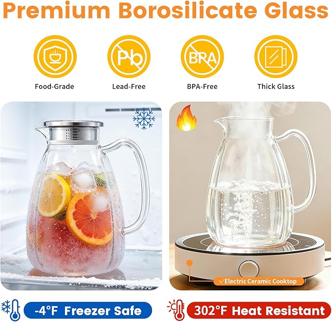 Glass Pitcher with Lid and Handle, 2.2L Borosilicate Glass Water Carafe, Stainless Steel Dual-Filter Lid, Heat Resistant for Hot/Cold Beverages – Iced Tea, Coffee, Juice, Cold Brew, 2 Pack