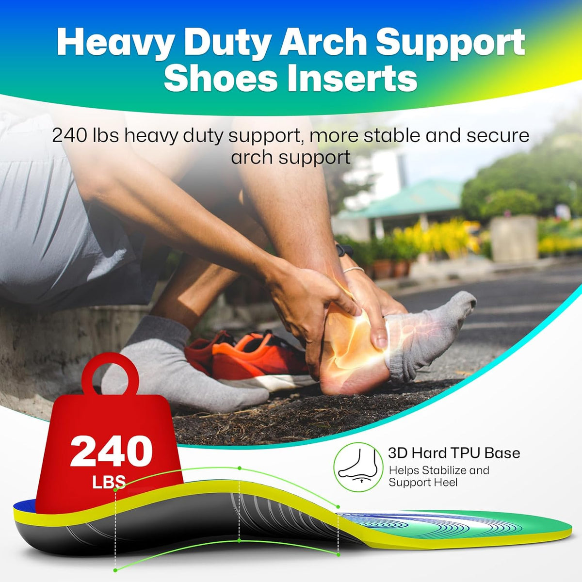 Upgraded Plantar Fasciitis Insoles, 240lbs Heavy Duty Work Boot Insoles for Men, Arch Support Orthotics Inserts, Athletic Gel Shoe Inserts for Pain Relief, Flat Feet, Standing All Day - L