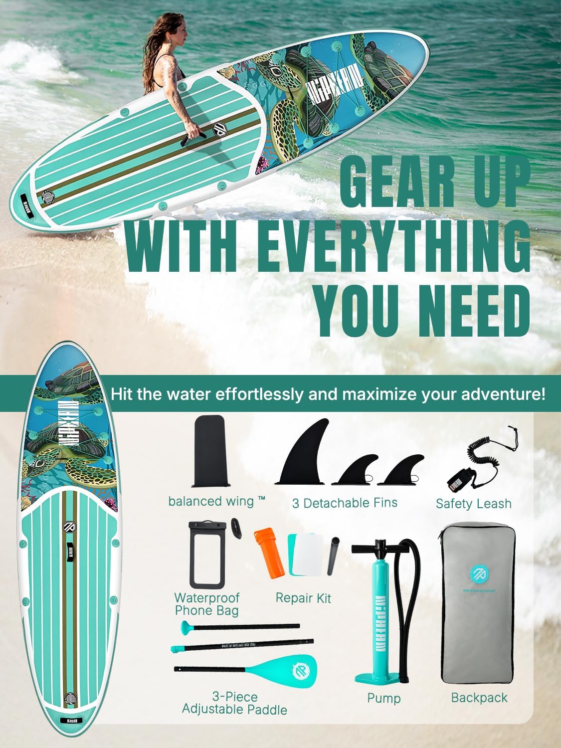 Niphean Inflatable Stand Up Paddle Board with SUP Accessories, Anti-Slip EVA Deck, 10’6’’ Inflatable Paddle Boards for Adults & Youth of All Skill Levels