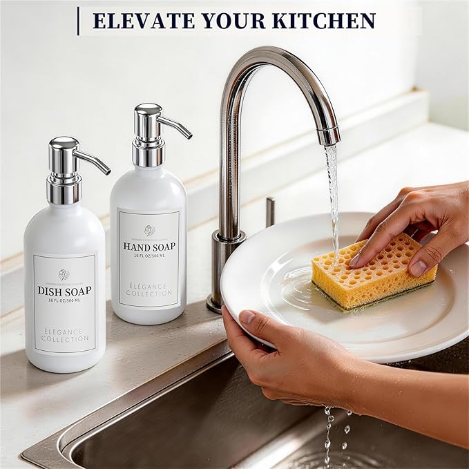 White Glass Soap Dispenser Set of 2, 16oz Hand and Dish Soap Dispenser for Kitchen & Bathroom, Silver Stainless Steel Pump, Non-Slip Base, 14 Waterproof Labels, Minimalist Decor