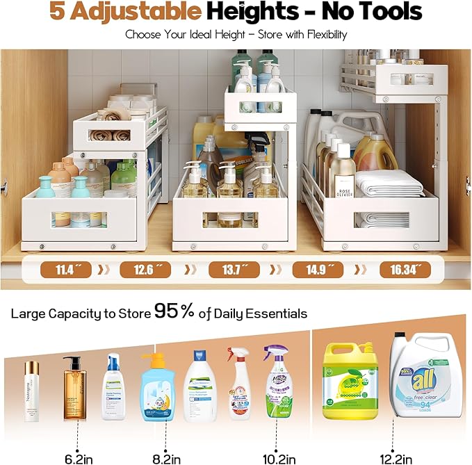 2-Pack 19"Deep Under Sink Organizer And Storage, 2-Tier L-Shaped Pull Out Cabinet Organizer with Upgraded Slide Rails, Height Adjustable Drawers for Kitchen&Bathroom, Extra-Large Storage Shelves–Gray