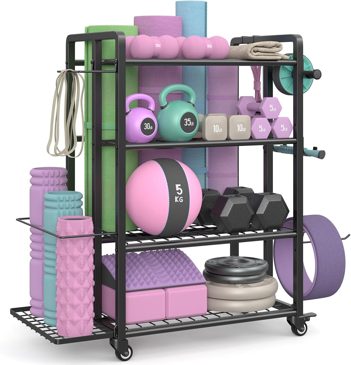 4-Tier Dumbbell Rack Stand Only, Adjustable Weight Rack for Dumbbells Kettlebells Yoga Mat, Home Gym Storage Rack with Wheels and Hooks, Powder Coated Finish