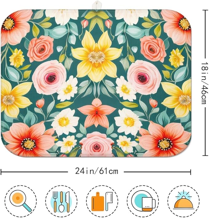 Large Blue Floral Spring Dish Drying Mat for Kitchen Counter 18x24 Microfiber Absorbent - Foldable, Non-Slip, Compact Kitchen XL Drying Mats for Dishes, Countertops, and Cookware