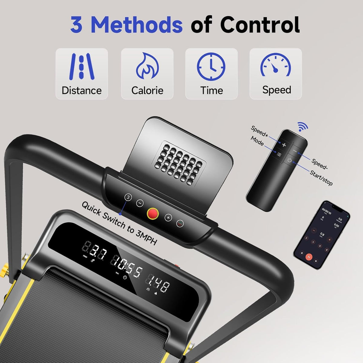 Foldable Treadmill with Incline, Walking Pad with Handle Bar 3 Level Incline, Portable Folding Treadmills for Home/Office 300 Lbs Capacity, Quiet Desk Treadmill with Remote Control & APP