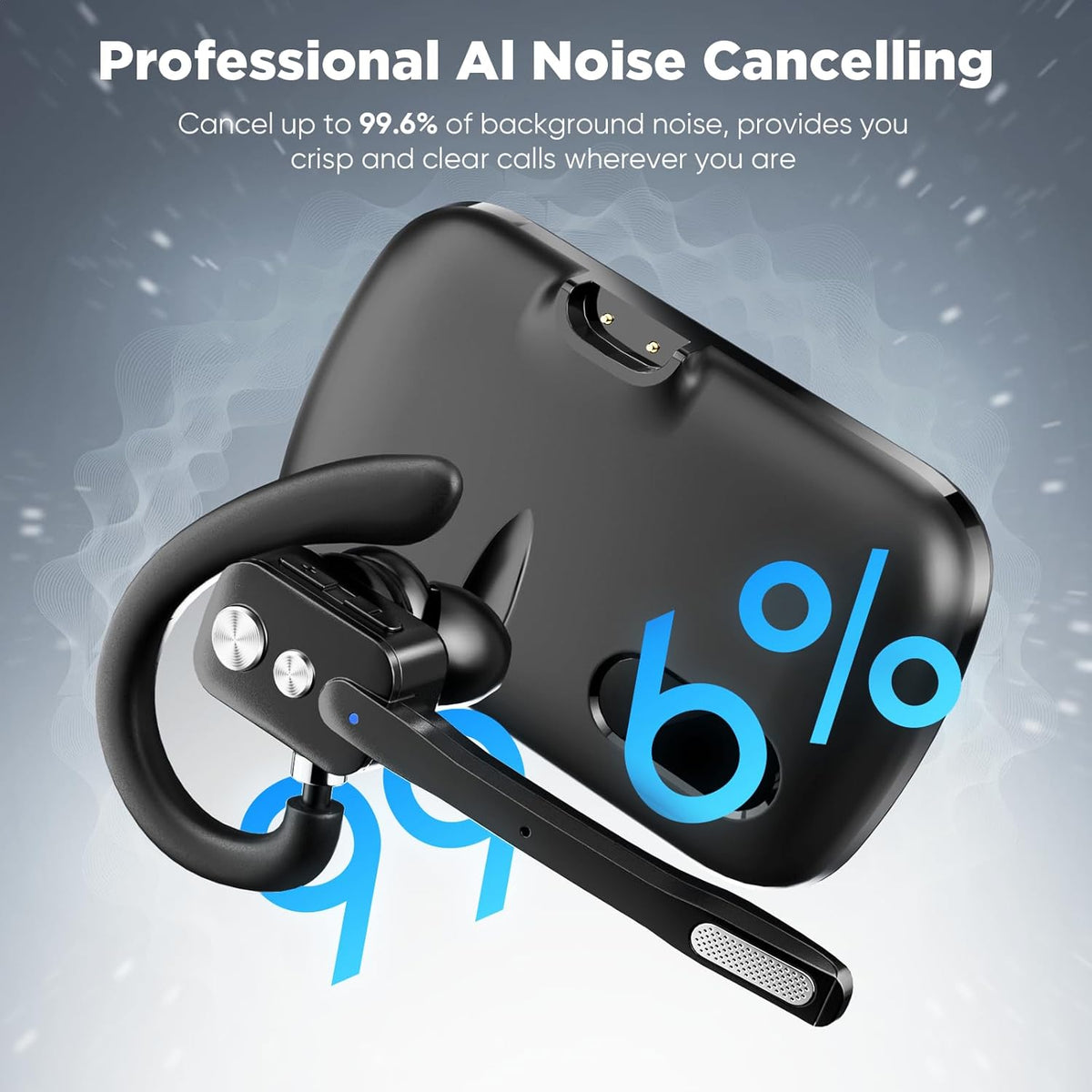 Bluetooth Headset, Wireless Bluetooth Earpiece with Dual-Mic & Noise Canceling, Single Ear Headset with Mute for Business, Remote Work, V5.3 Hand-Free Headset for iOS Android Cell Phone (Black)