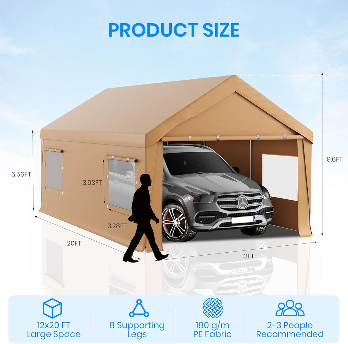 Carport 12x20 FT Heavy Duty, Outdoor Portable Garage with Removable Sidewalls & Doors, Waterproof, UV-Resistant Canopy Shelter for Vehicles, Boats, RVs, Trucks, All-Season Car Port,Yellow