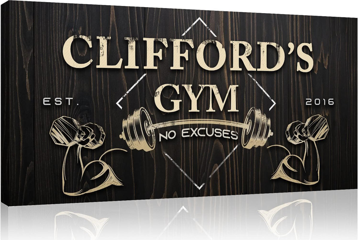 Tailored Canvases Personalized Gym Sign Wall Art Decor - Motivational Canvas for Home Gym, Workout Room, Garage, Fitness Center - Workout Inspirational Posters - Gym Name on Wooden Background, 20x10in