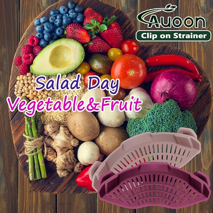 AUOON Clip on Strainer for Pots and Pans - Silicone Food Strainer for Draining Pasta, Spaghetti, Noodles, Fruits, Vegetables, Grease, Ground Beef (Almond Rose)