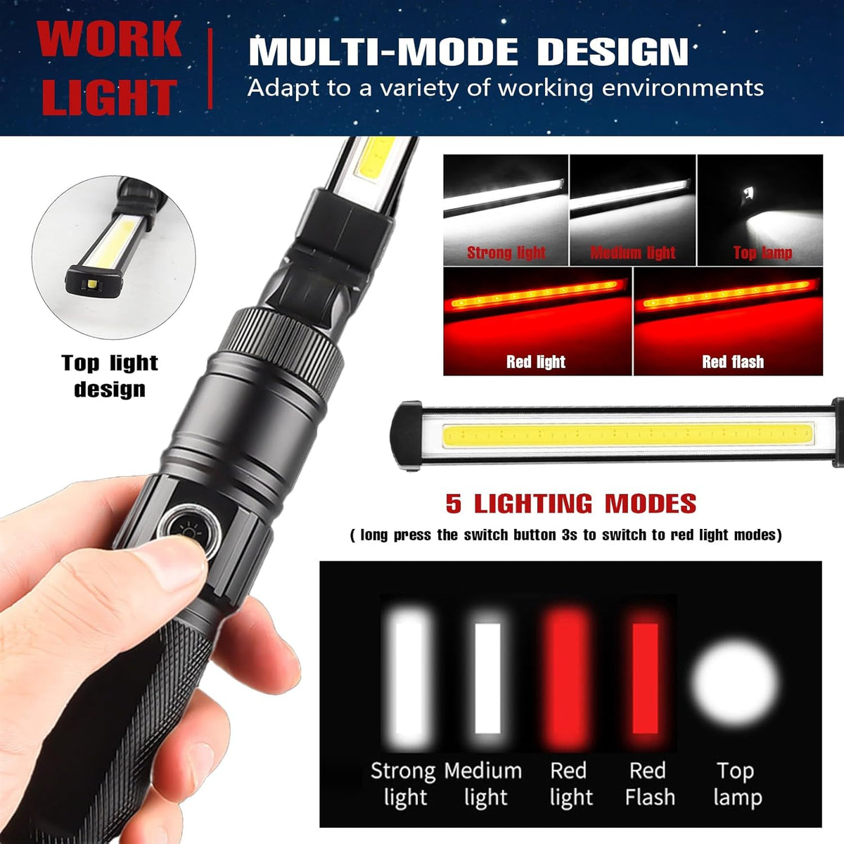 Rechargeable Work Light, 360° Rotate Design, Magnetic LED Work Light Foldable Flashlight,5 Lighting Modes ,Mechanic Light, Portable Outdoor Lamp for Car Repair,Camping, Emergency