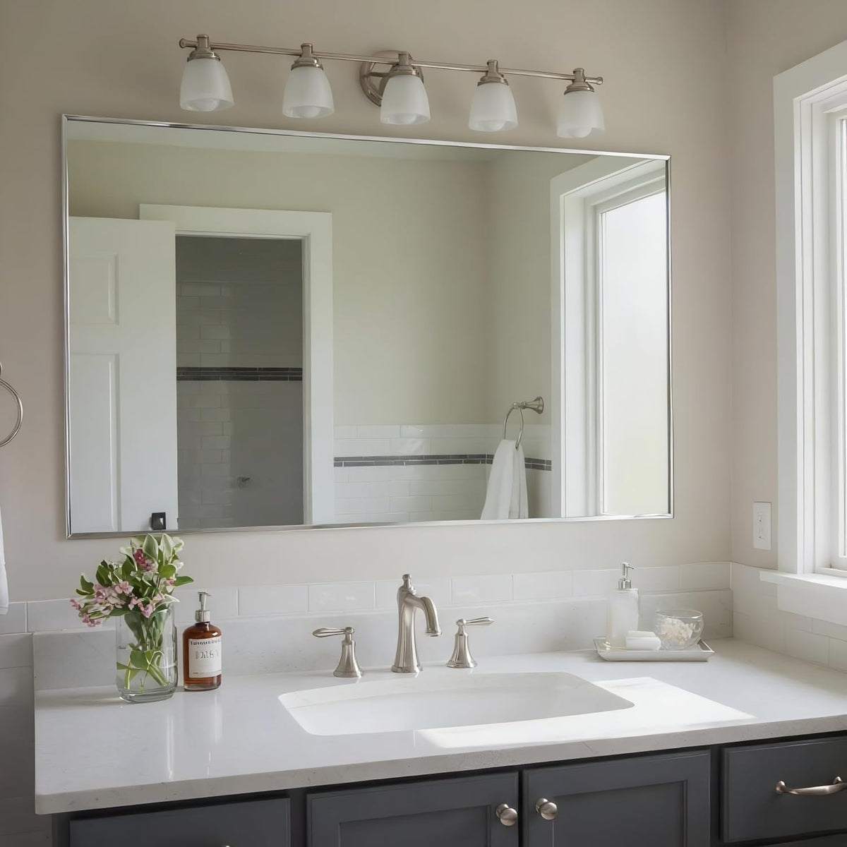 27x40 Inch Nickel Bathroom Mirror for Wall, Aluminum Frame Rectangle Rectangular Vanity Mirror, Modern Large for Bedroom, Living Room, Horizontal or Vertical
