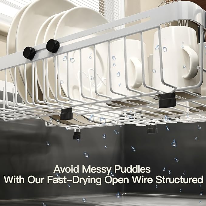 MAJALiS Dish Drying Rack Over The Sink, Expandable Stainless Steel Dish Drainer for Small Kitchen Counter Space Saving, RV Compact Plate Strainer in White Metal with Hanging Adjustable Utensil Holder