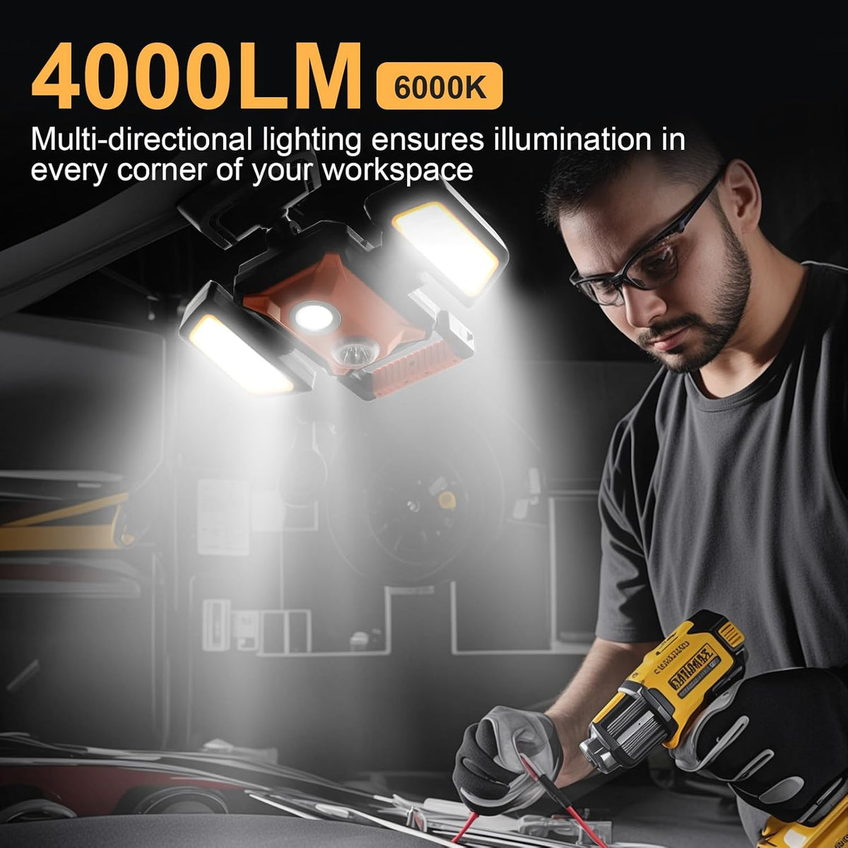 4000LM LED Work Light Rechargeable with Clamp, 40W Magnetic Work Light Battery Powered with 5 Light Modes, 350° Rotation, Portable Job Site Lighting for Construction Site,Workshop,Car Repairing