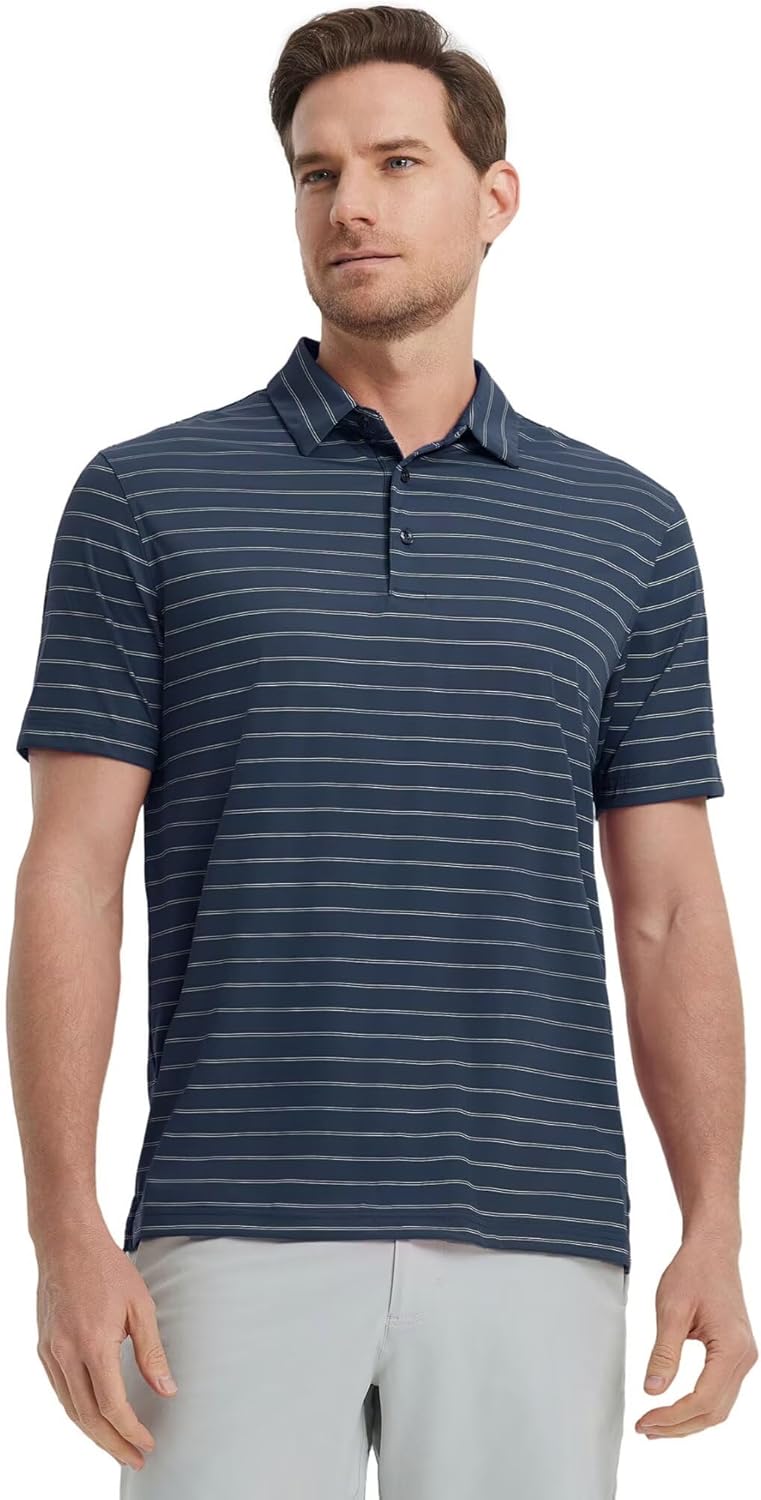 M MAELREG Mens Striped Golf Shirts Short Sleeve Silk-Like Touch Water-Resistant Breathable Soft Collared Polo Shirts for Men