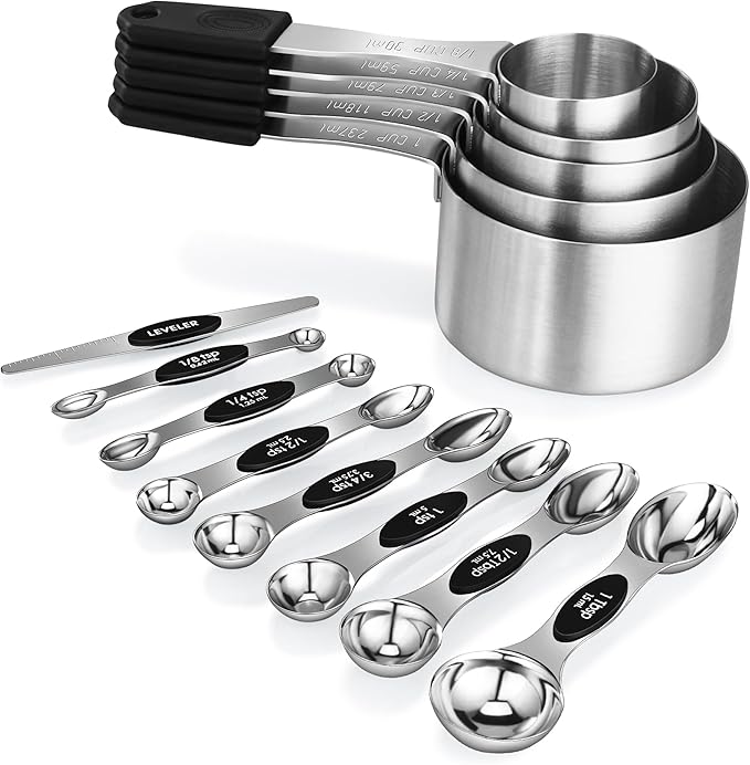 Magnetic Measuring cups and spoons Set, 5 Stainless Steel Magnetic Measuring Cup and 8 Double Sided Measuring Spoons with 1 Leveler，Kitchen Gadgets for Cooking & Baking
