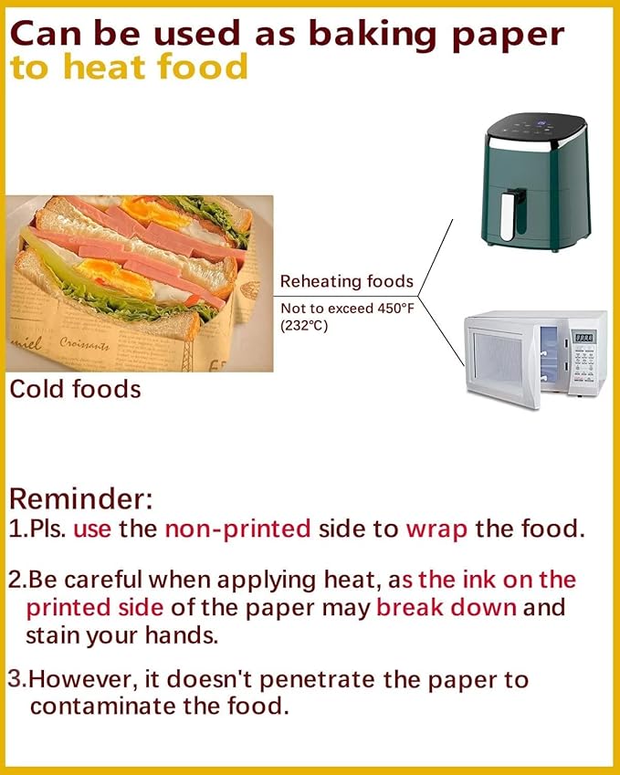 Katbite 100 Pcs Sandwich Wrapping Paper, 12x12 inch Food Basket Liners, Grease Proof & Non-stick Baking Parchment Paper