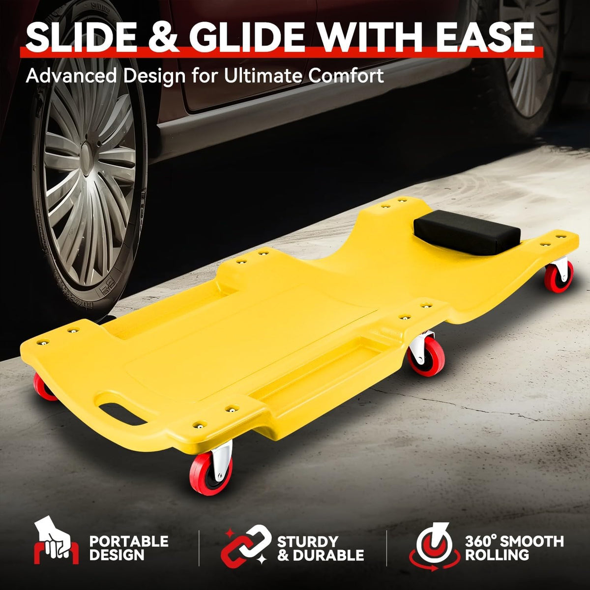 Auto Dynasty 36 Inches Mechanic Creeper, Automotive Garage Repair Low Profile Under Car Rolling Creeper with Padded Headrest, Plastic, Yellow