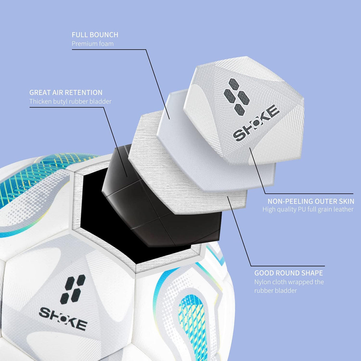 SHOKE Soccer Ball Size 5 Official Size Soccer Ball Thermal Bonded Training Slip Resistant