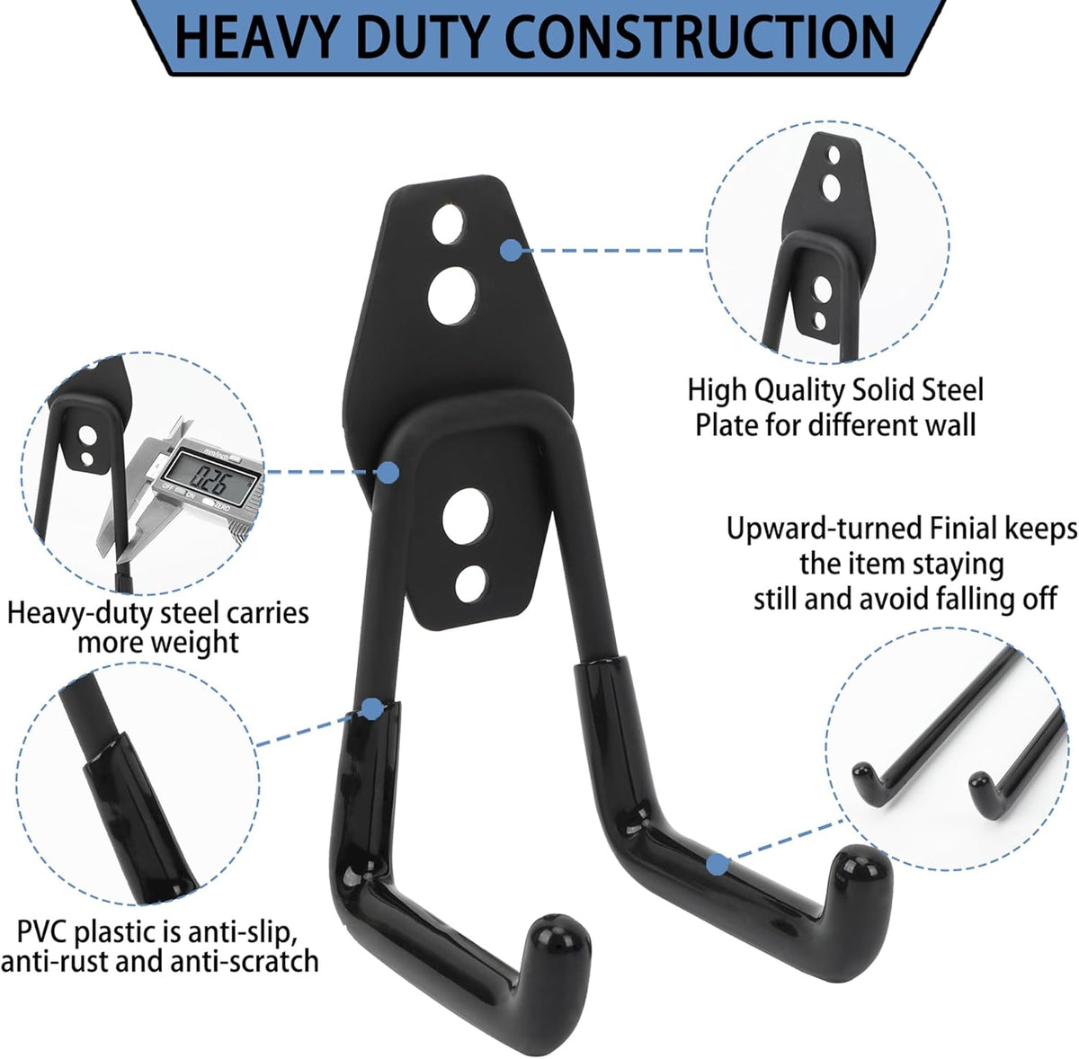 Wall Mount Heavy Duty Garage Hooks (2-Pack) – Wall Mounted Storage Hooks for Ladders, Bikes, Tools & More – Rust-Resistant Steel with Anti-Slip PVC Coating Small U Hooks
