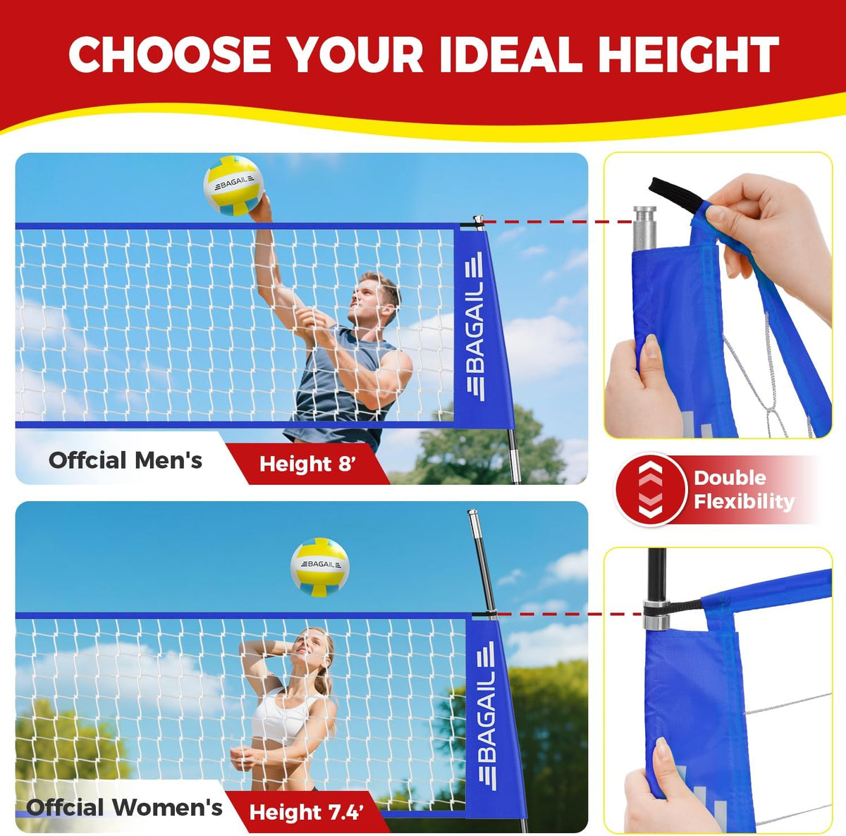 BAGAIL Volleyball Net, 12ft/20ft Portable Volleyball Net for Backyard - Adjustable Height, Heavy-Duty Frame, Freestanding Design - Portable Outdoor/Indoor Volleyball Set with Carry Bag