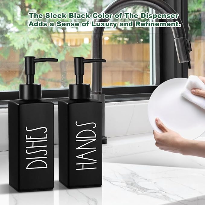 Hand and Dish Soap Dispenser Set, Matte Black Dish Dispenser Bottle for Kitchen, Glass Kitchen Soap Dispenser Set with Pump, Refillable Liquid Soap Bottle, Farmhouse Kitchen Decor, 12.3fl oz