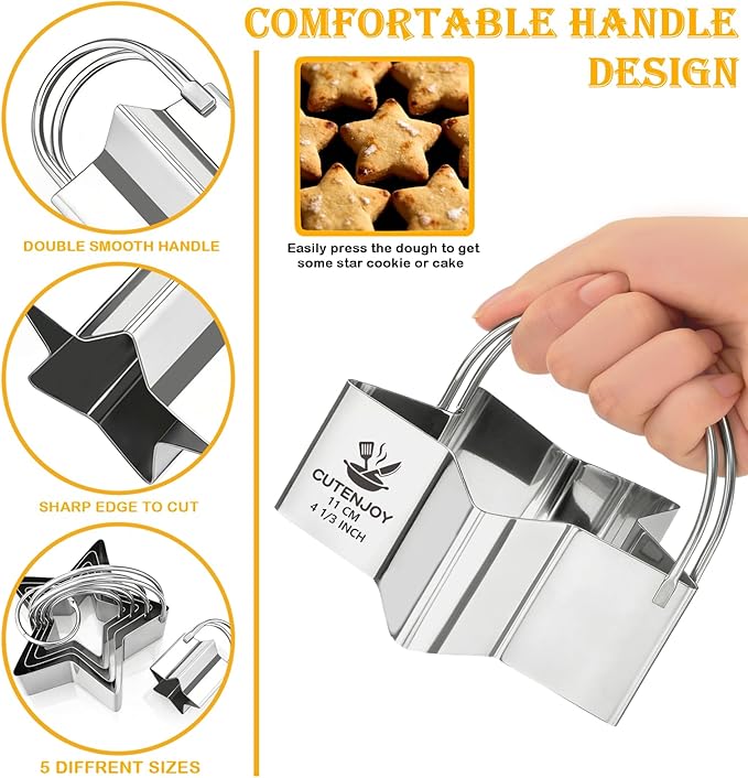 Star Cookie Cutters (5 Pieces/Set),Biscuit Cutter Set with Handle and Big Ring, Professional Baking Dough Cutter Tools for Cakes, Sandwiches, Donuts, Dumplings