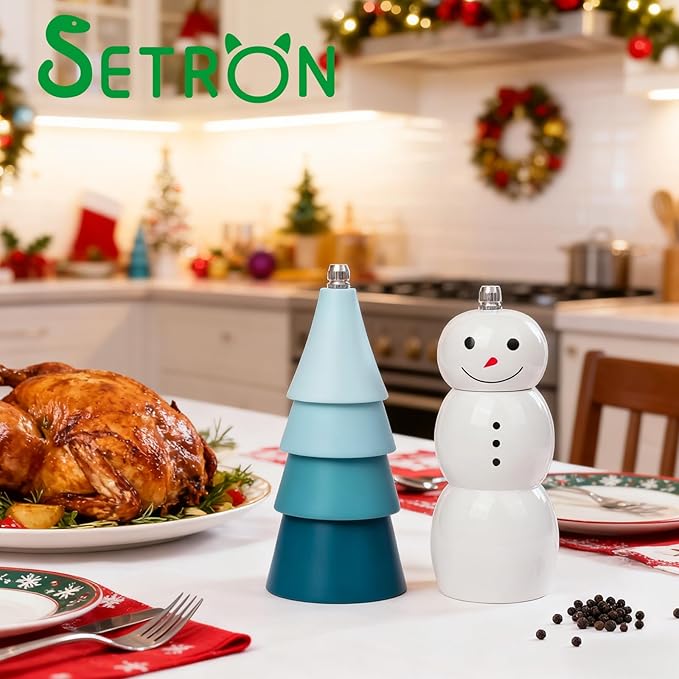 Christmas Salt and Pepper Grinder Set, Snowman & Tree Refillable Salt and Pepper Mills with Adjustable Ceramic Core, Wooden Manual Salt and Pepper Shakers for Kitchen,Gift, Christmas Decor