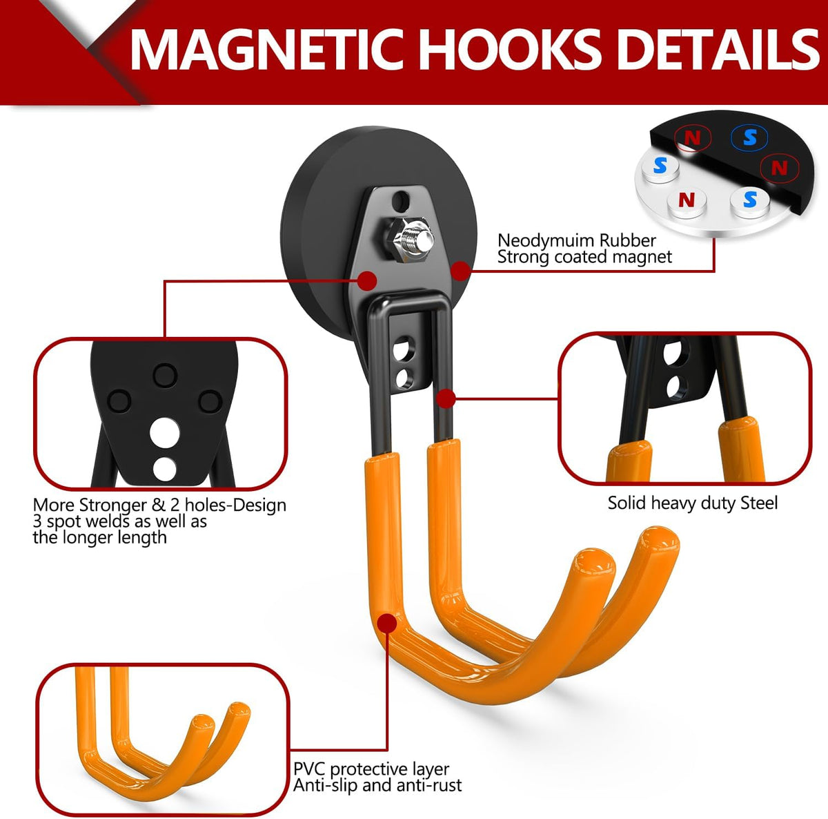 3-H Heavy Duty Magnet Garage Hooks 2 Pack, J Shape Strong Magnetic Hooks for Hanging Cordless Power Drill, Utility Magnetic Tool Holder for Metal Cabinet, Steel Pegboard, Toolbox, Garage(Orange)