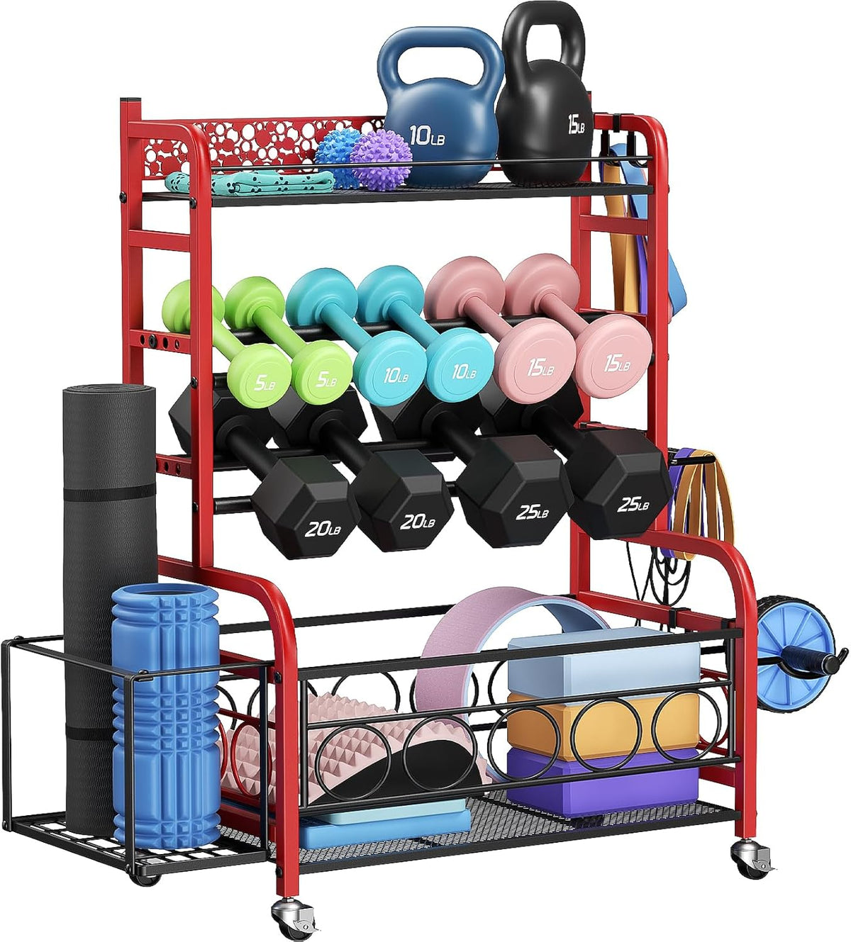 Dumbbell Rack, VOPEAK Weight Rack for Home Gym, Home Gym Storage Rack for Yoga Mat Kettlebells and Strength Training Equipment, Weight Storage Rack for Dumbbells with Wheels