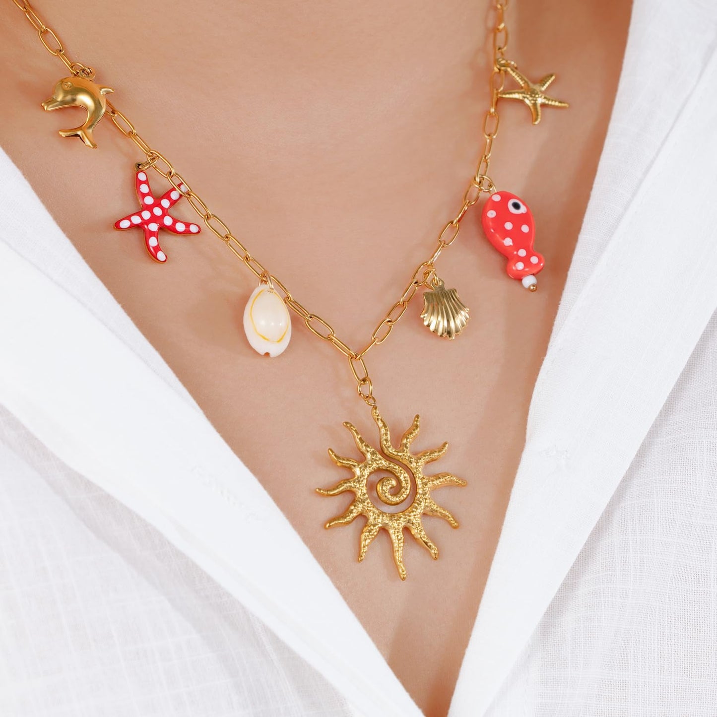 Chunky Gold Necklace Statement Boho Beach Ocean Summer Stainless Steel Jewelry Shell Starfish Turquoise Dolphin Pearl Sun Flower Wave Heart Fish Charm Choker Necklaces for Women(Sun)