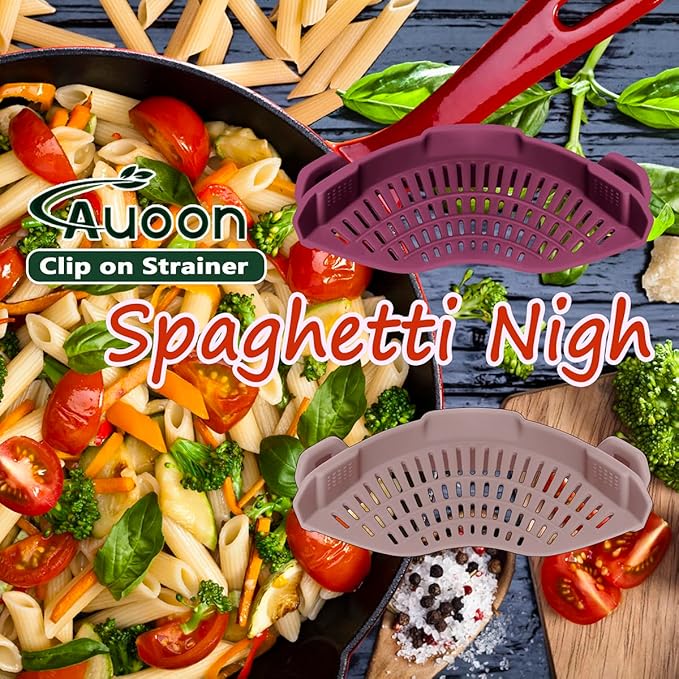 AUOON Clip on Strainer for Pots and Pans - Silicone Food Strainer for Draining Pasta, Spaghetti, Noodles, Fruits, Vegetables, Grease, Ground Beef (Almond Rose)