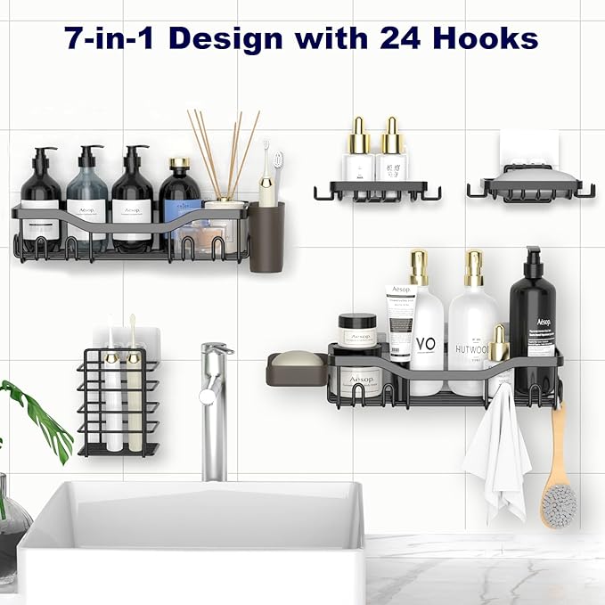 NESOMI Shower Caddy Adhesive Shower Organizer 7-Pack, Rustproof Stainless Steel Bathroom Shelves, Large Capacity No-Drill Rack Storage Accessories with Soap Dish Toothbrush Holder &24 Hooks Home Decor