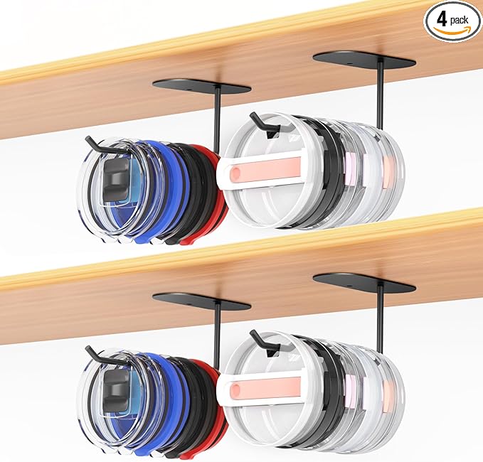 4 Pack Tumbler Lid Organizer, Space Saving Cup Lid Organizer for Yeti/Stanley/Simple Modern Tumbler Lids, Self-Adhesive or Drilling Tumbler Lid Hook for Kitchen Organizers and Storage