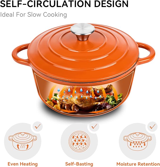 Miereirl 4.5 Quart Enameled Dutch Oven Pot with Lid, Cast Iron Dutch Oven with Dual Handles for Bread Baking, Cooking, Non-stick Enamel Coated Cookware (Orange)
