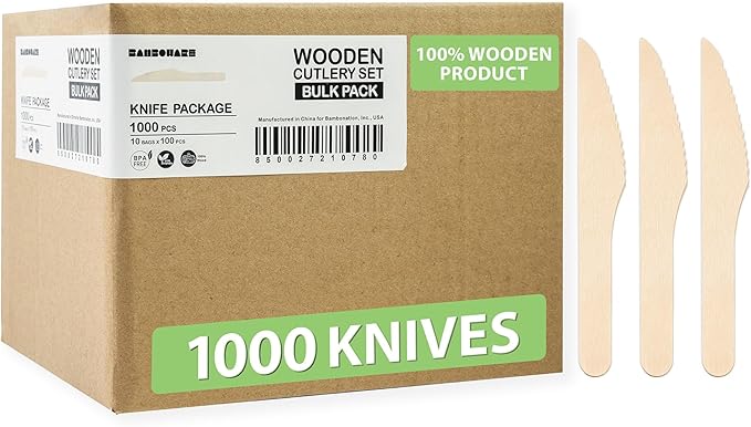 Wooden Knives 1000 Pieces Bulk Pack | Heavy-Duty Birch Wood Disposable Knives | Eco-Friendly, Sharp & Reliable for Catering, Restaurants, and Events