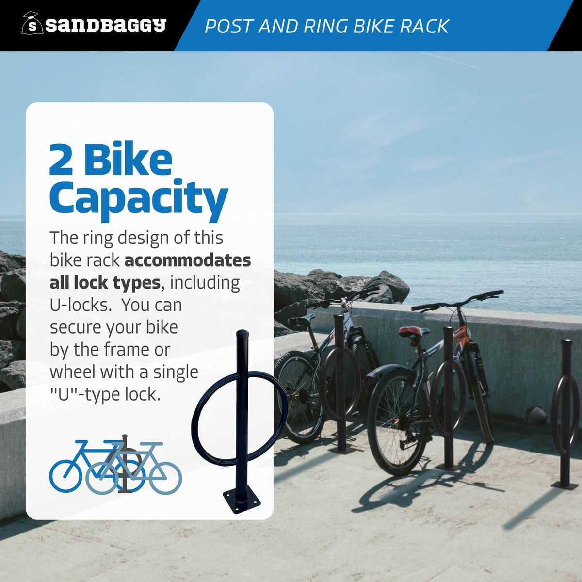 Sandbaggy Post and Ring Bike Rack - Commercial Bike Racks - Galvanized Steel - Anti-Theft Design - In Ground, Apartments, Sidewalks, Industrial (Gray, 2)